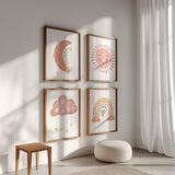 Set of 4 Nursery Prints, Sun Moon Rainbow Clouds Baby Room Decor, Cute Kid's Wall Art, Newborn Gifts, Pastel Neutral Girl Boho Poster