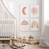Set of 4 Nursery Prints, Sun Moon Rainbow Clouds Baby Room Decor, Cute Kid's Wall Art, Newborn Gifts, Pastel Neutral Girl Boho Poster