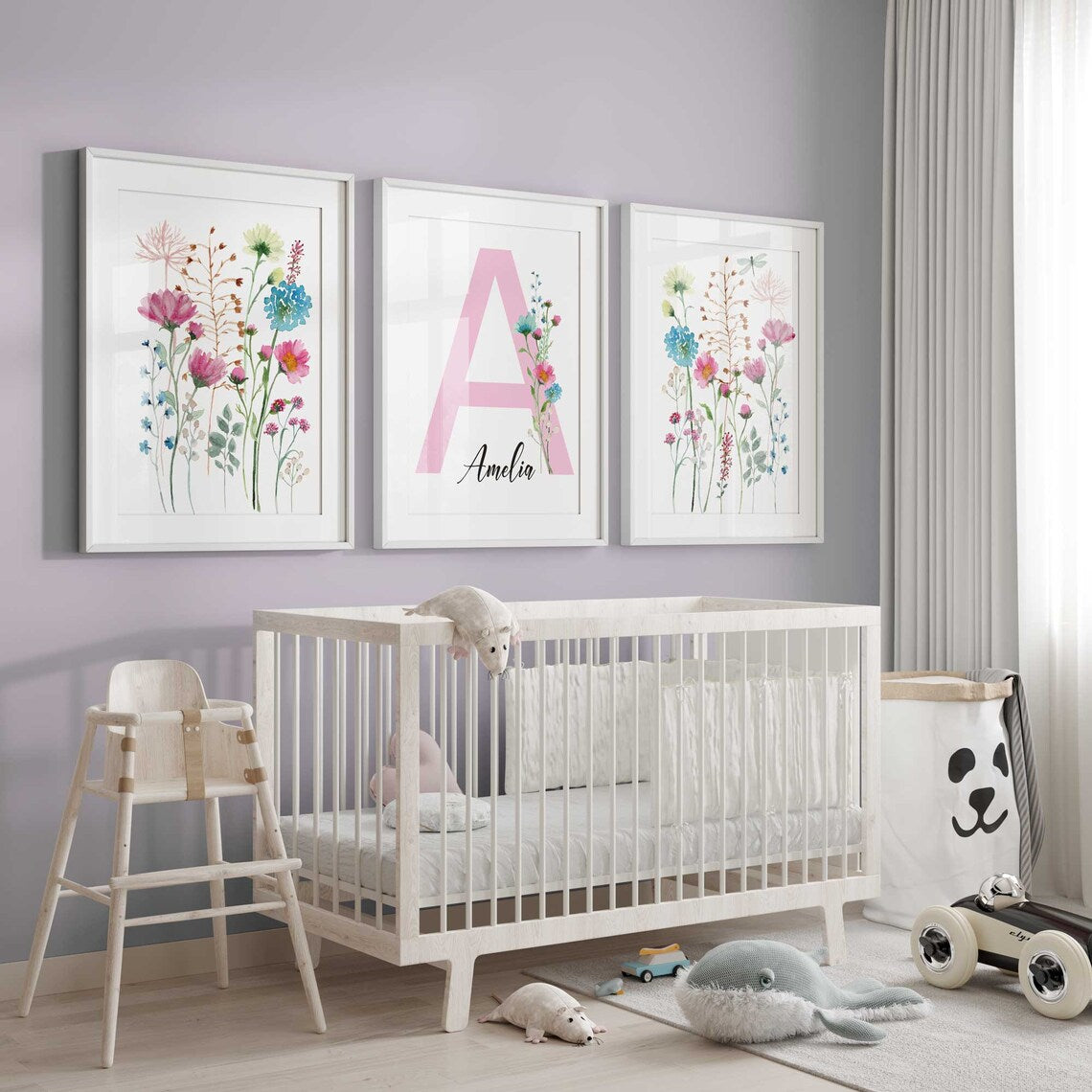 Pastel Pink Girl Nursery Decor, Custom Girl Name Print, Baby Room Decor, Floral Personalized Nursery Wall Art, Wildflowers Nursery prints Main image