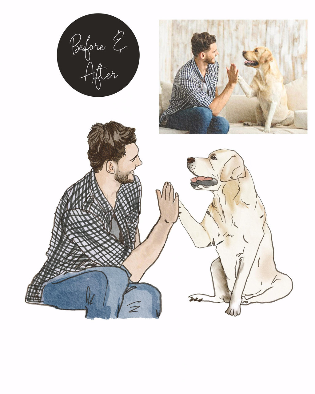 Before and after: photo of a man high-fiving a golden retriever beside the finished watercolour painting