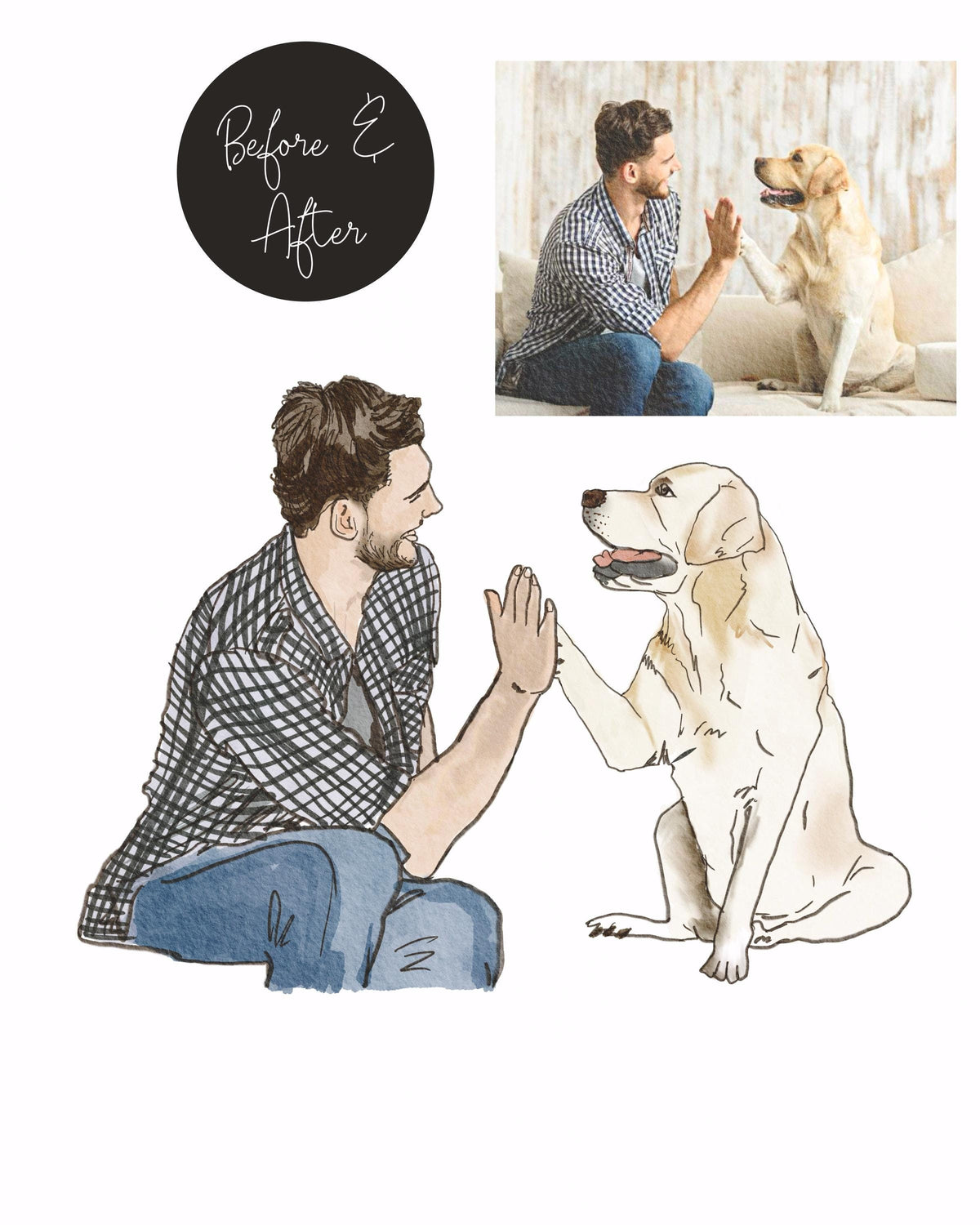 Before and after: photo of a man high-fiving a golden retriever beside the finished watercolour painting