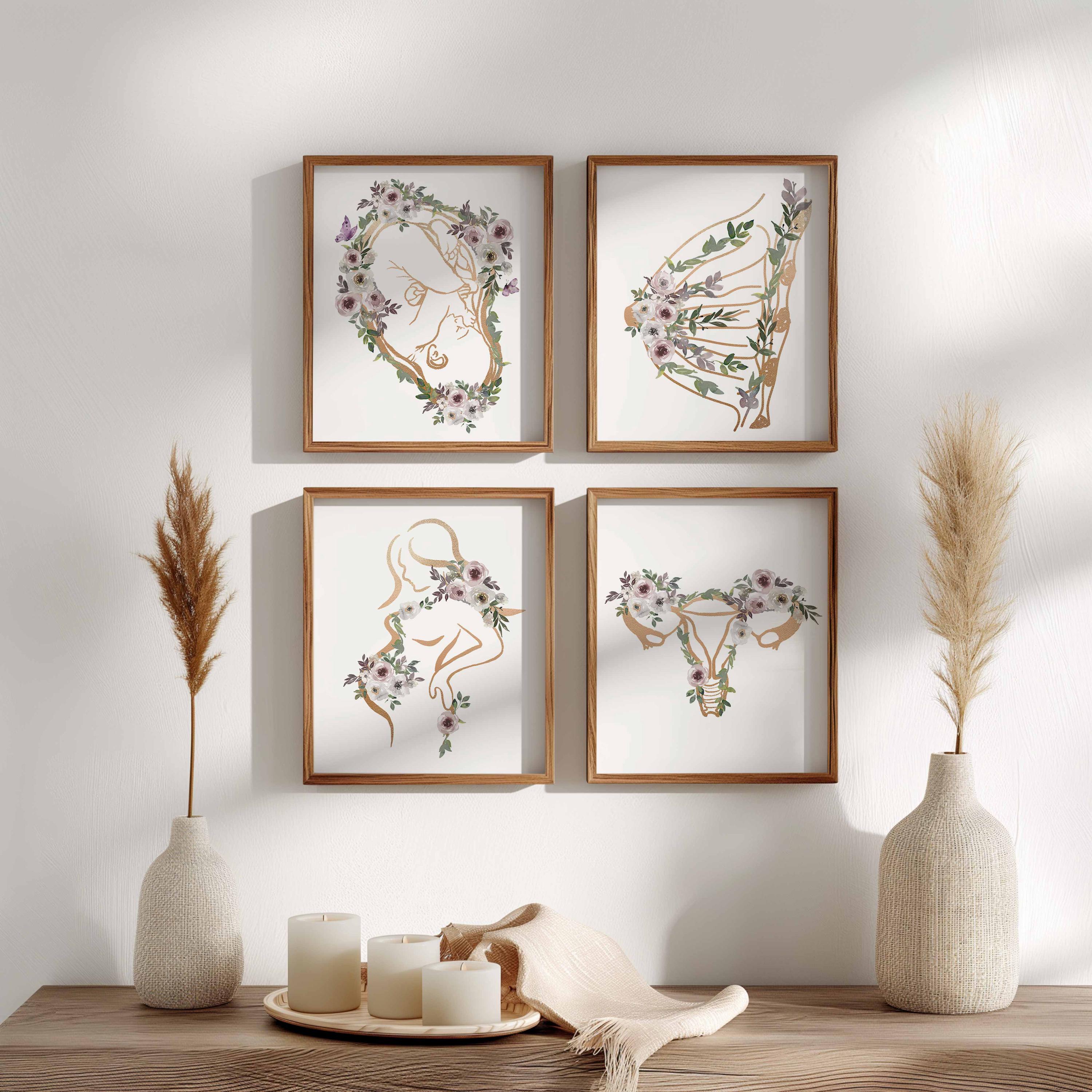 Pregnancy Anatomy, Obgyn wall art, Midwife artwork, Gynaecology Poster, Flower Gold Print, Doula Gift, Doctor Office wall Decor