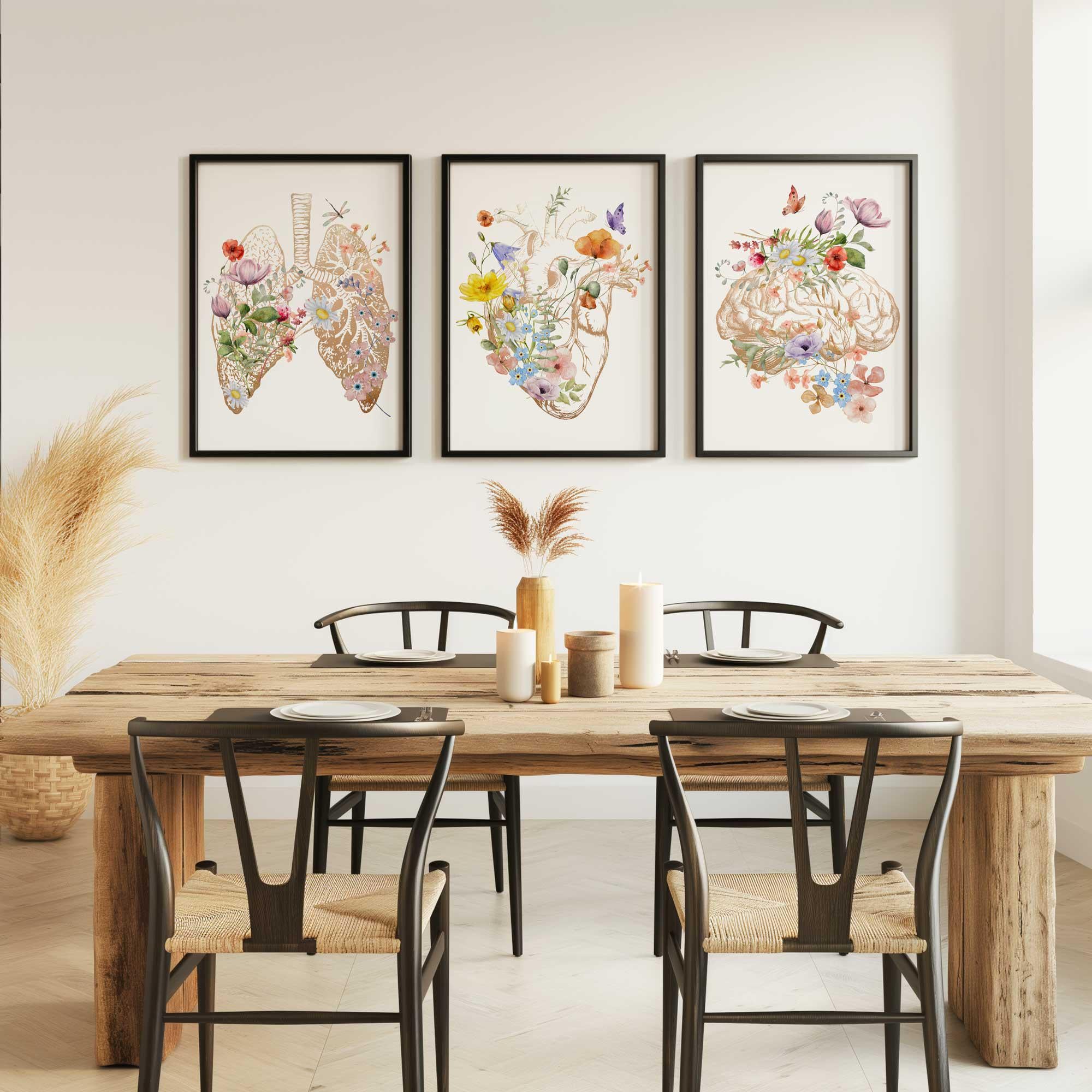 Anatomy Art, Gold medical office art, Anatomy wall Decor, Human Heart floral poster, Anatomical Brain Heart Lung Prints, Gift for student Imagen secundaria del producto