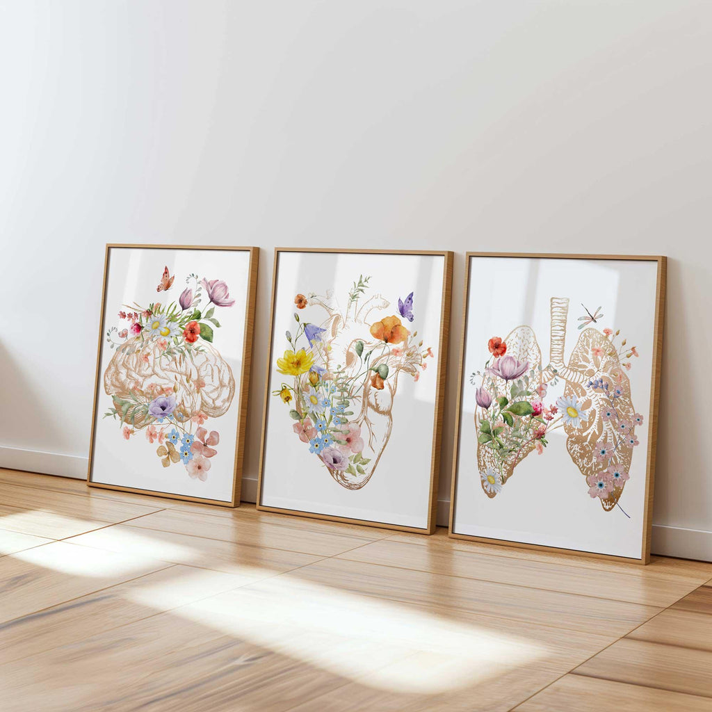 Anatomy Art, Gold medical office art, Anatomy wall Decor, Human Heart floral poster, Anatomical Brain Heart Lung Prints, Gift for student