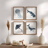 Ocean Theme Nursery Prints, Set of 4 Sea Animals wall Art, JellyFish whale Poster, Watercolor Baby Boy Nursery, Ocean Kids Room Decor Navy