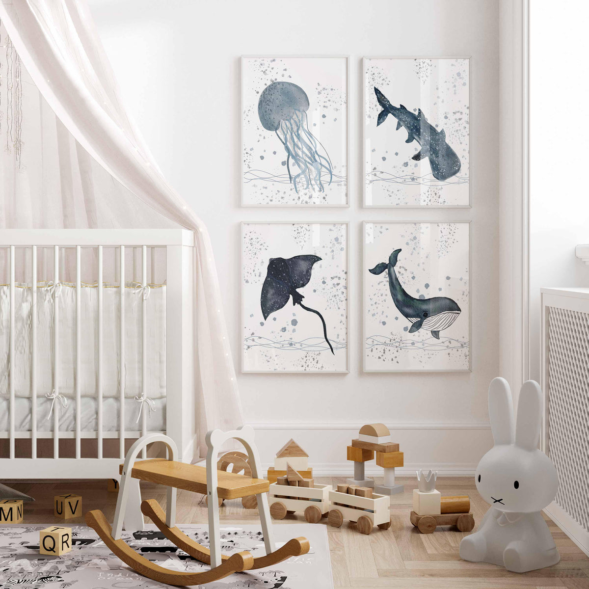 Ocean Theme Nursery Prints, Set of 4 Sea Animals wall Art, JellyFish whale Poster, Watercolor Baby Boy Nursery, Ocean Kids Room Decor Navy Main image