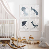 Ocean Theme Nursery Prints, Set of 4 Sea Animals wall Art, JellyFish whale Poster, Watercolor Baby Boy Nursery, Ocean Kids Room Decor Navy