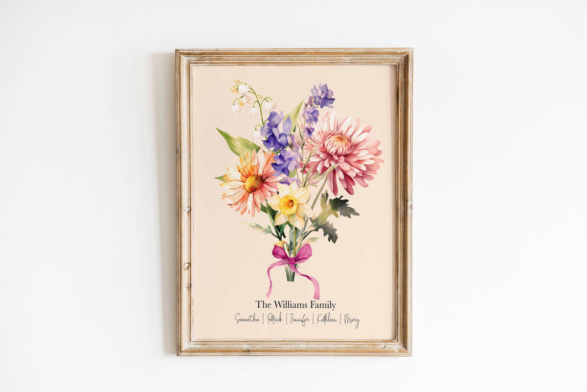 Birth flower family print: watercolour bouquet tied with a pink ribbon, with The Williams Family and names below Main image