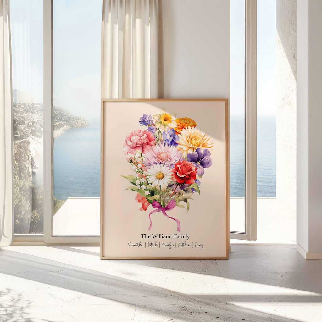 Birth month flower bouquet print on a peach background, leaning by a sunlit window with a sea view