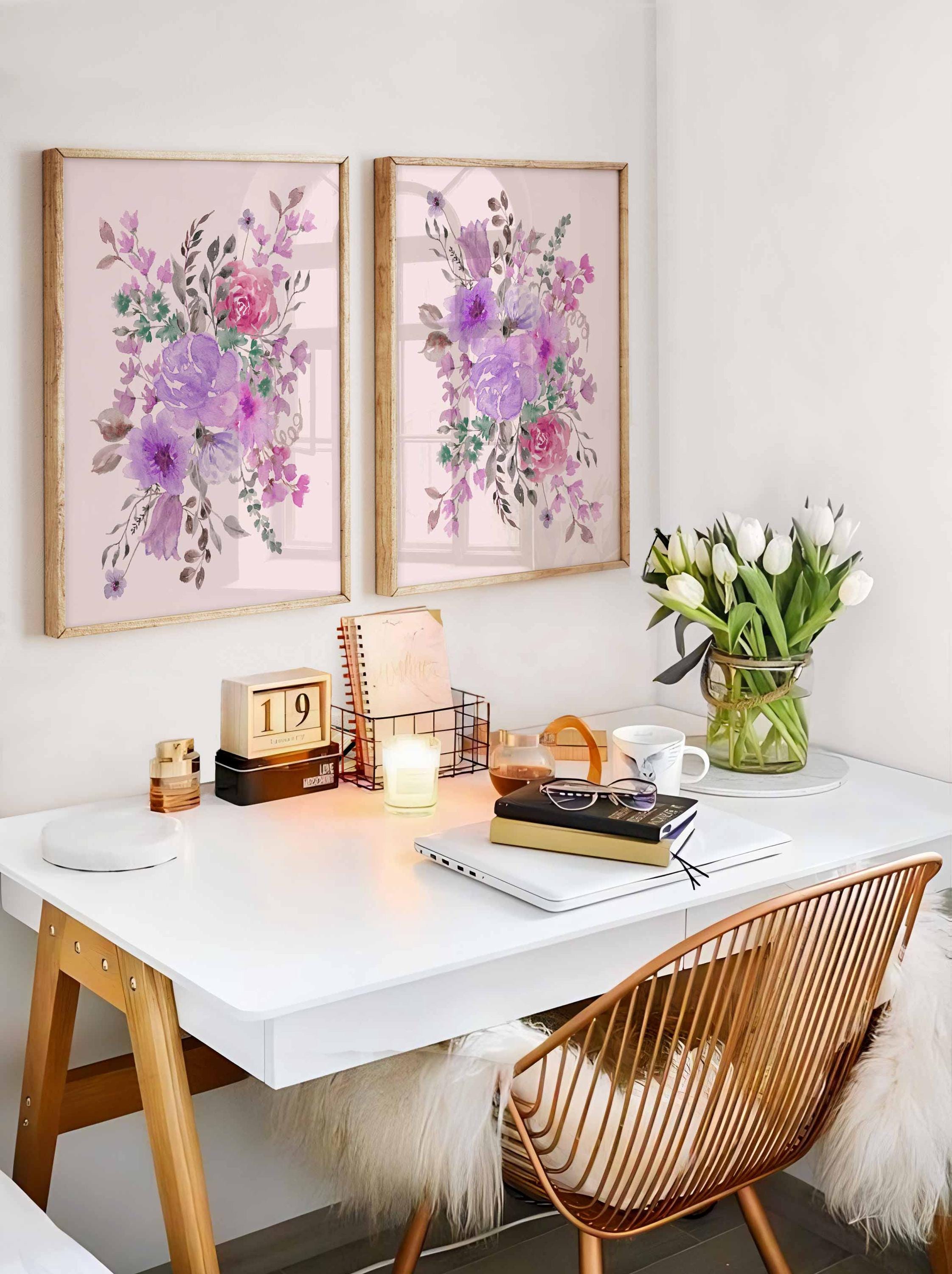 Purple Floral Painting, Abstract Large flower wall art, Pink Flower Bunch Print, Lilac Nursery, Blush Living room decor, Set of 2 Prints