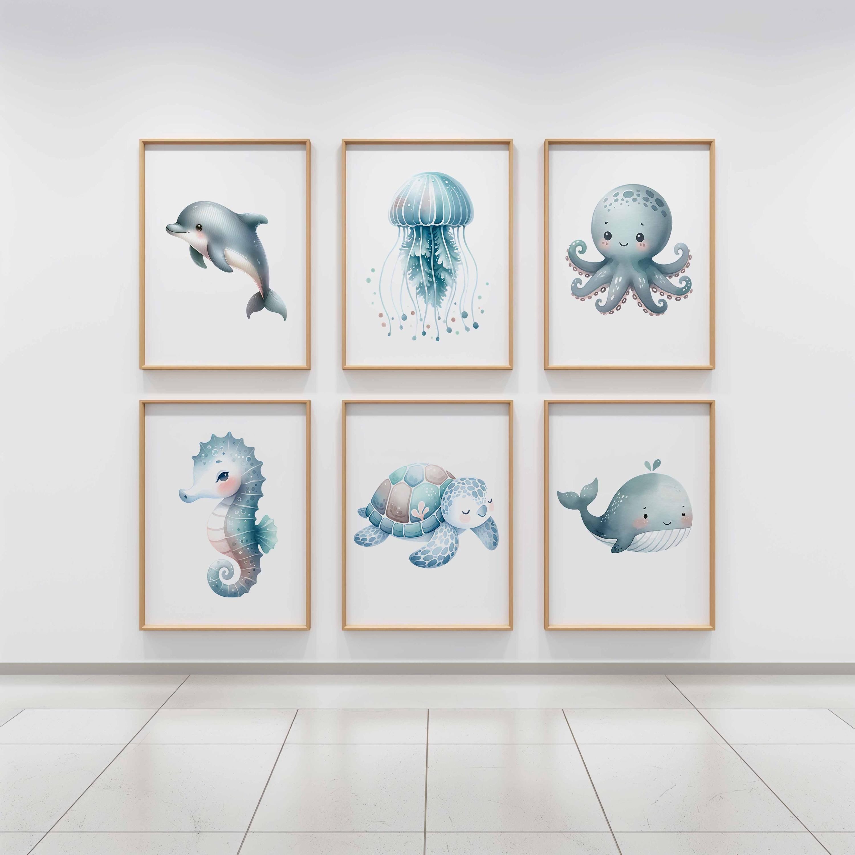 Baby Sea Animal Nursery, Cute Ocean Theme Prints, Set of 6 wall Art, JellyFish whale dolphin Poster, Watercolor Boy Marine Kids Room Decor Imagen secundaria del producto