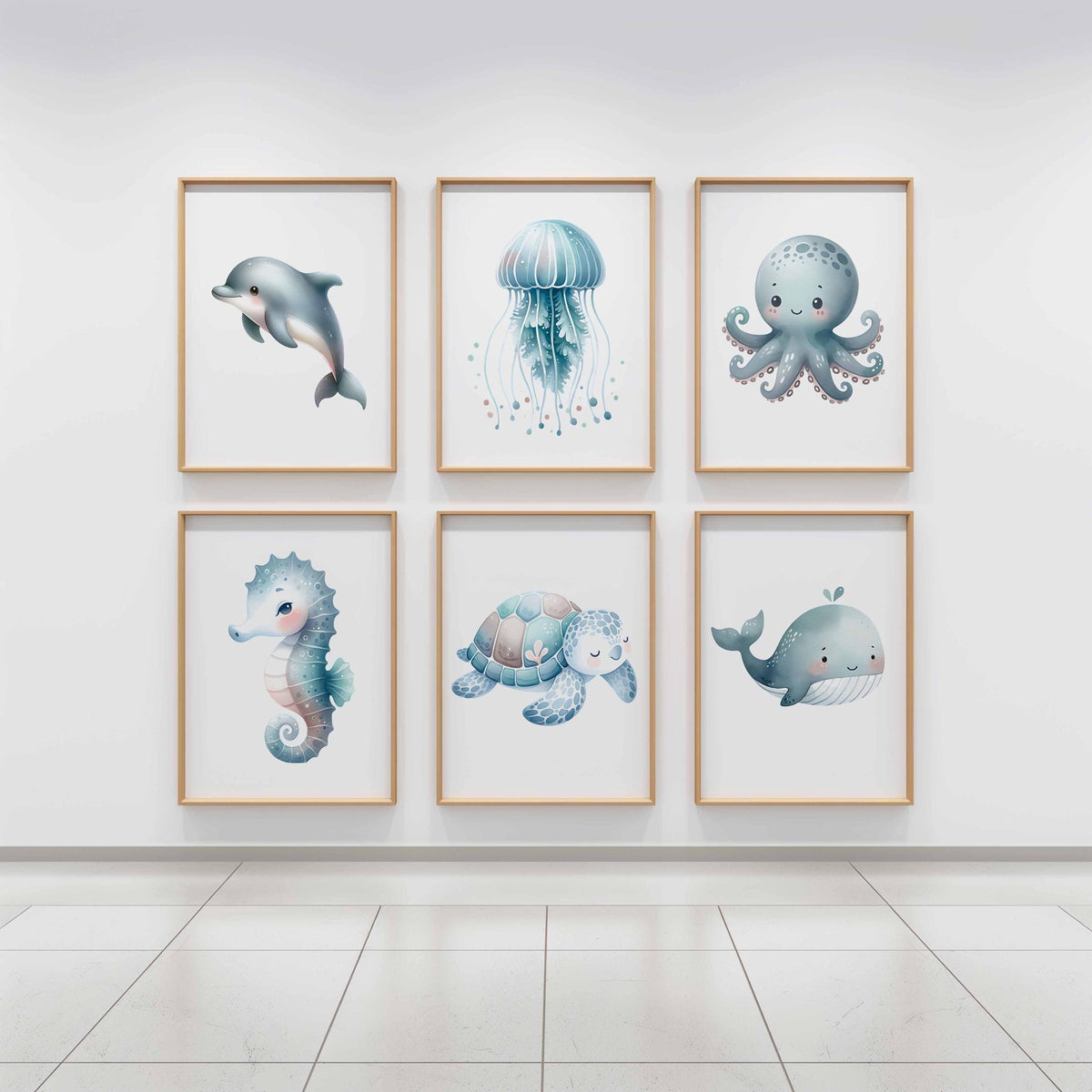 Dolphin, jellyfish, octopus, seahorse, turtle and whale prints on a white wall