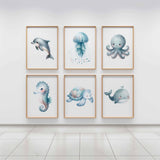 Baby Sea Animal Nursery, Cute Ocean Theme Prints, Set of 6 wall Art, JellyFish whale dolphin Poster, Watercolor Boy Marine Kids Room Decor