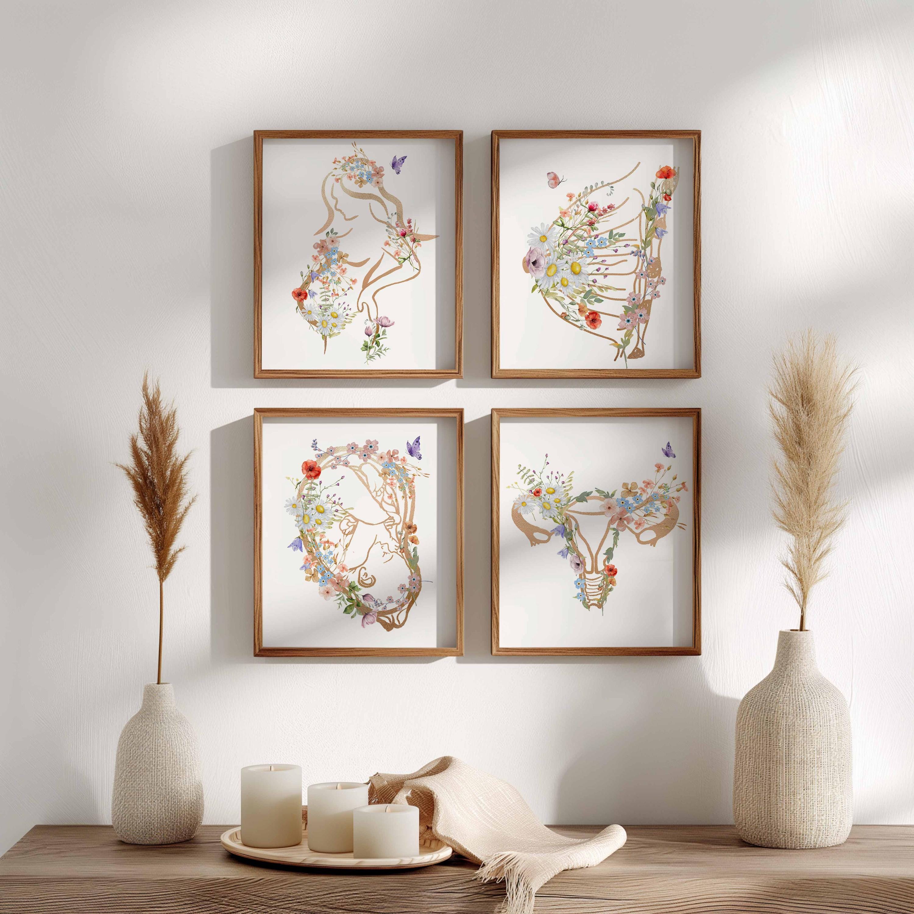 Pregnancy wall art, Floral Midwife Print, Gynaecology Poster, Set of 4, Doula Gift, Obgyn Anatomy, Obstetrician Doctor Office Decor Image secondaire du produit