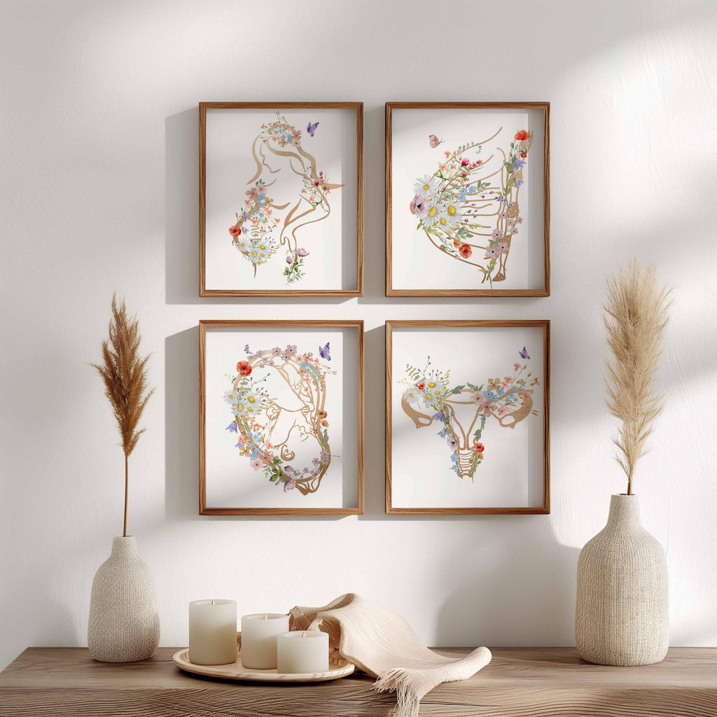 Pregnancy wall art, Floral Midwife Print, Gynaecology Poster, Set of 4, Doula Gift, Obgyn Anatomy, Obstetrician Doctor Office Decor
