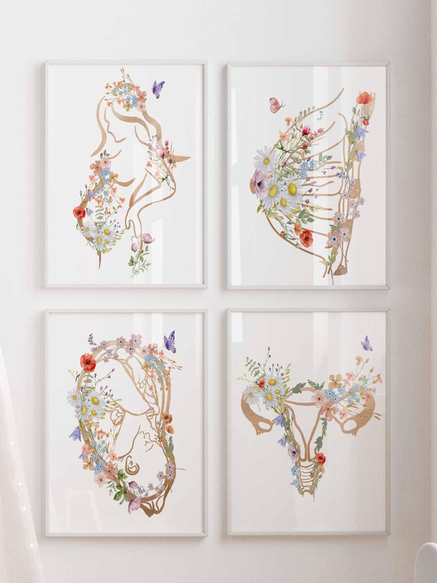 Pregnancy wall art, Floral Midwife Print, Gynaecology Poster, Set of 4, Doula Gift, Obgyn Anatomy, Obstetrician Doctor Office Decor
