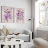 Purple Floral Painting, Abstract Large flower wall art, Pink Flower Bunch Print, Lilac Nursery, Blush Living room decor, Set of 2 Prints