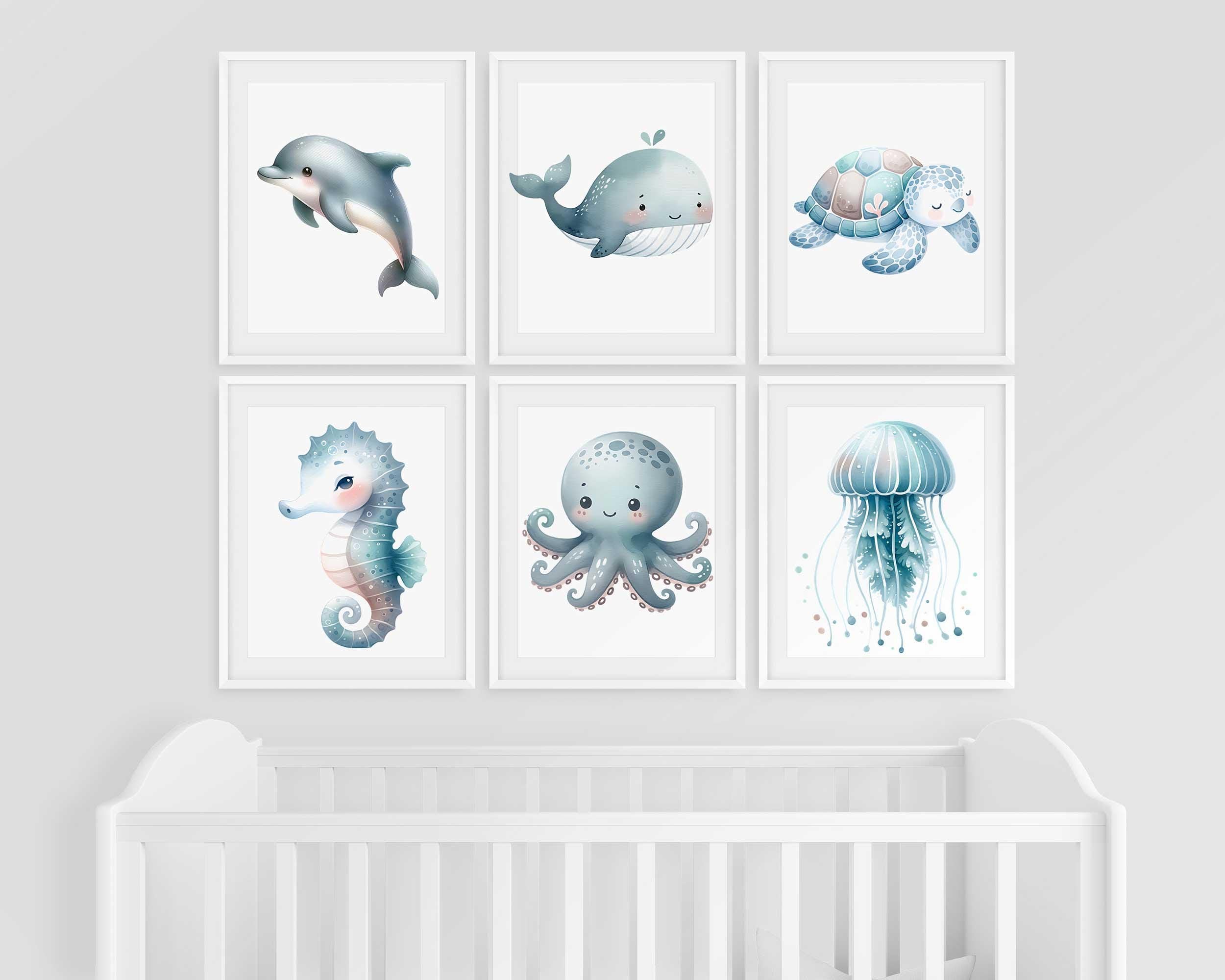 Baby Sea Animal Nursery, Cute Ocean Theme Prints, Set of 6 wall Art, JellyFish whale dolphin Poster, Watercolor Boy Marine Kids Room Decor Main image