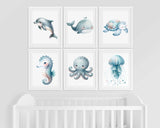 Baby Sea Animal Nursery, Cute Ocean Theme Prints, Set of 6 wall Art, JellyFish whale dolphin Poster, Watercolor Boy Marine Kids Room Decor