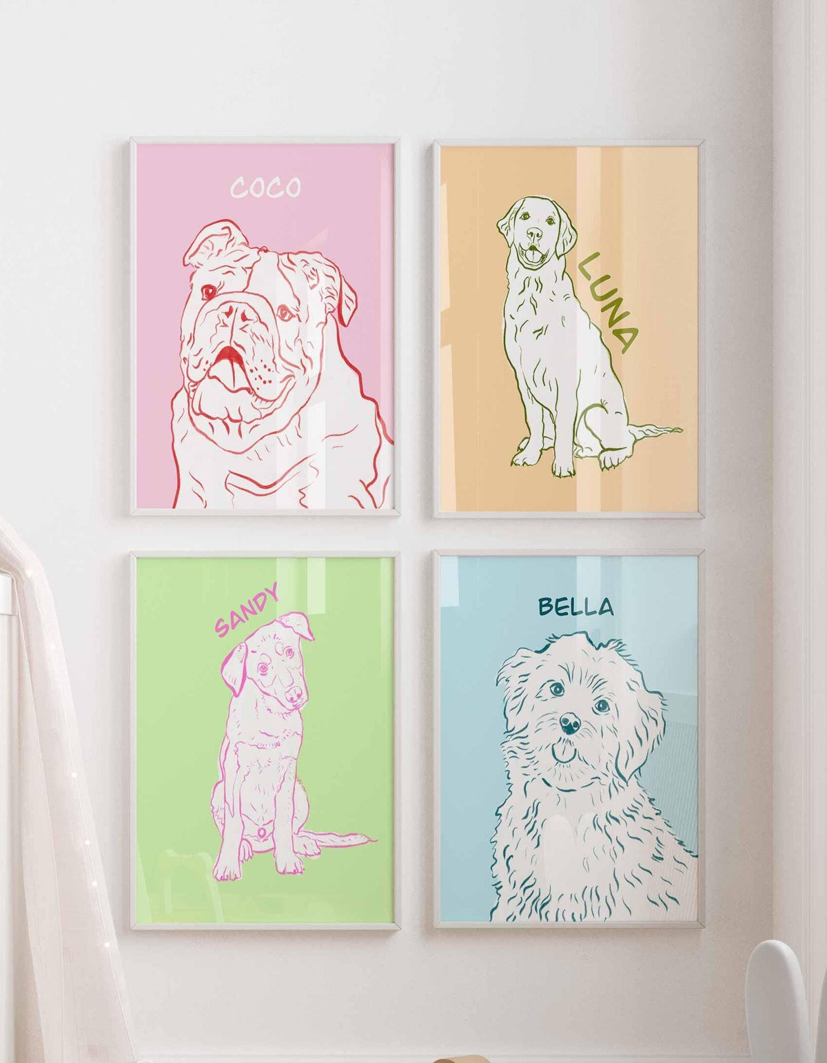 Gallery wall of four colourful line drawing dog portraits, bulldog, retriever, puppy and fluffy terrier