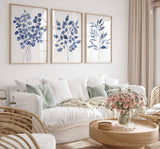 Blue Wall Art Three Piece Triptych Botanical Print Set Eucalyptus Prints Navy Bedroom Wall Decor Watercolour Leaves Living room decor