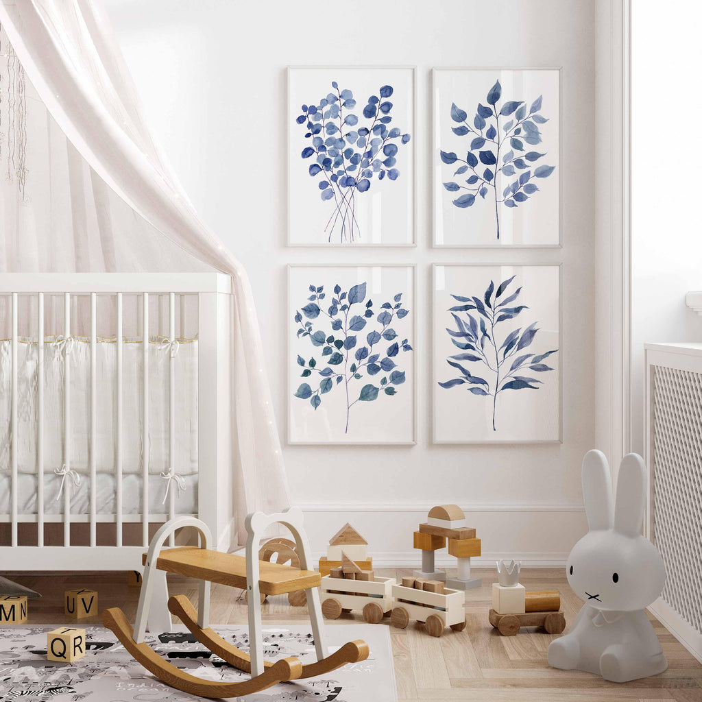 Navy Botanical Wall Art, Leaf Prints set of 4, Eucalyptus Print, Watercolour Bathroom Posters, leaf artwork, blue wall decor, vacation home