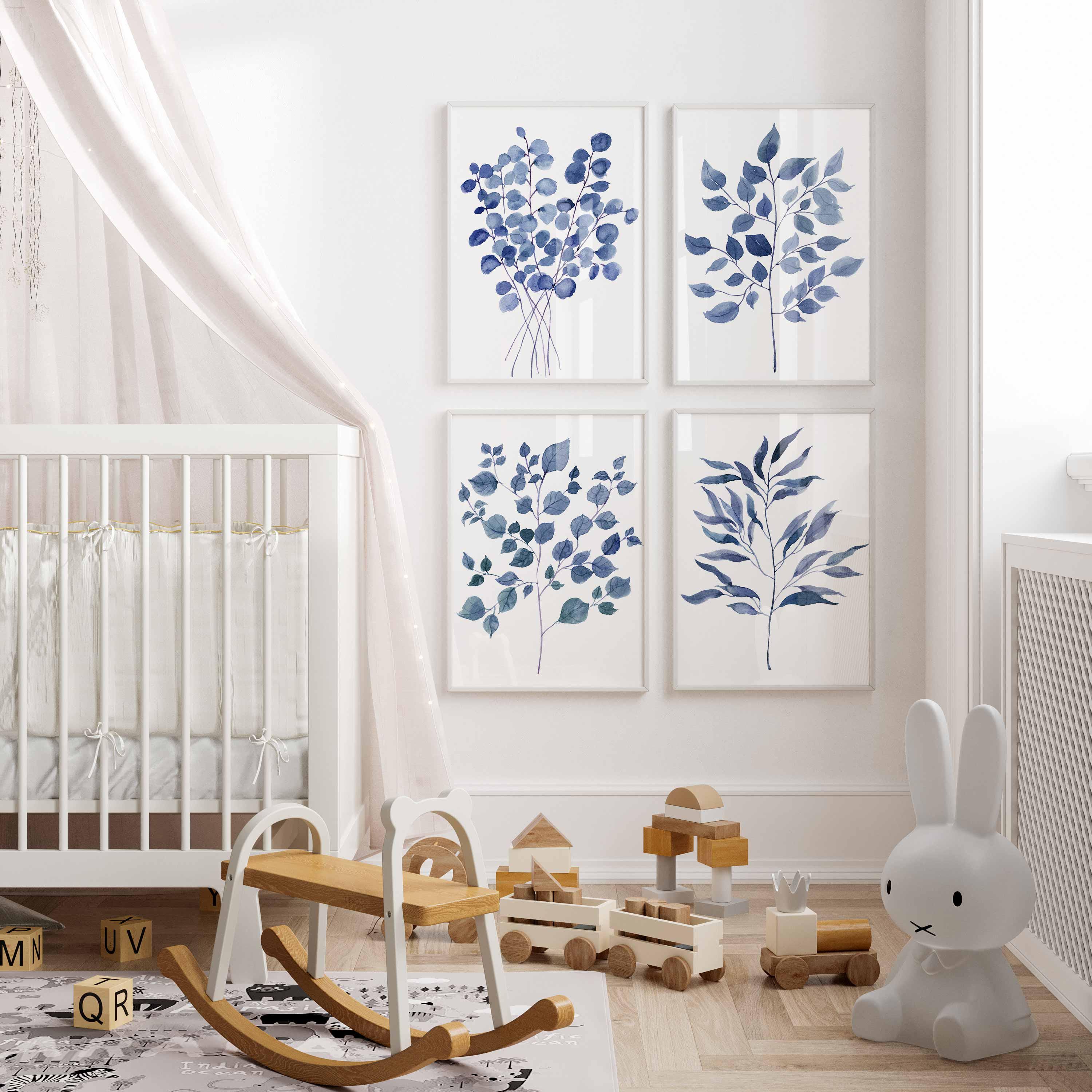 Navy Botanical Wall Art, Leaf Prints set of 4, Eucalyptus Print, Watercolour Bathroom Posters, leaf artwork, blue wall decor, vacation home