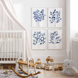 Navy Botanical Wall Art, Leaf Prints set of 4, Eucalyptus Print, Watercolour Bathroom Posters, leaf artwork, blue wall decor, vacation home