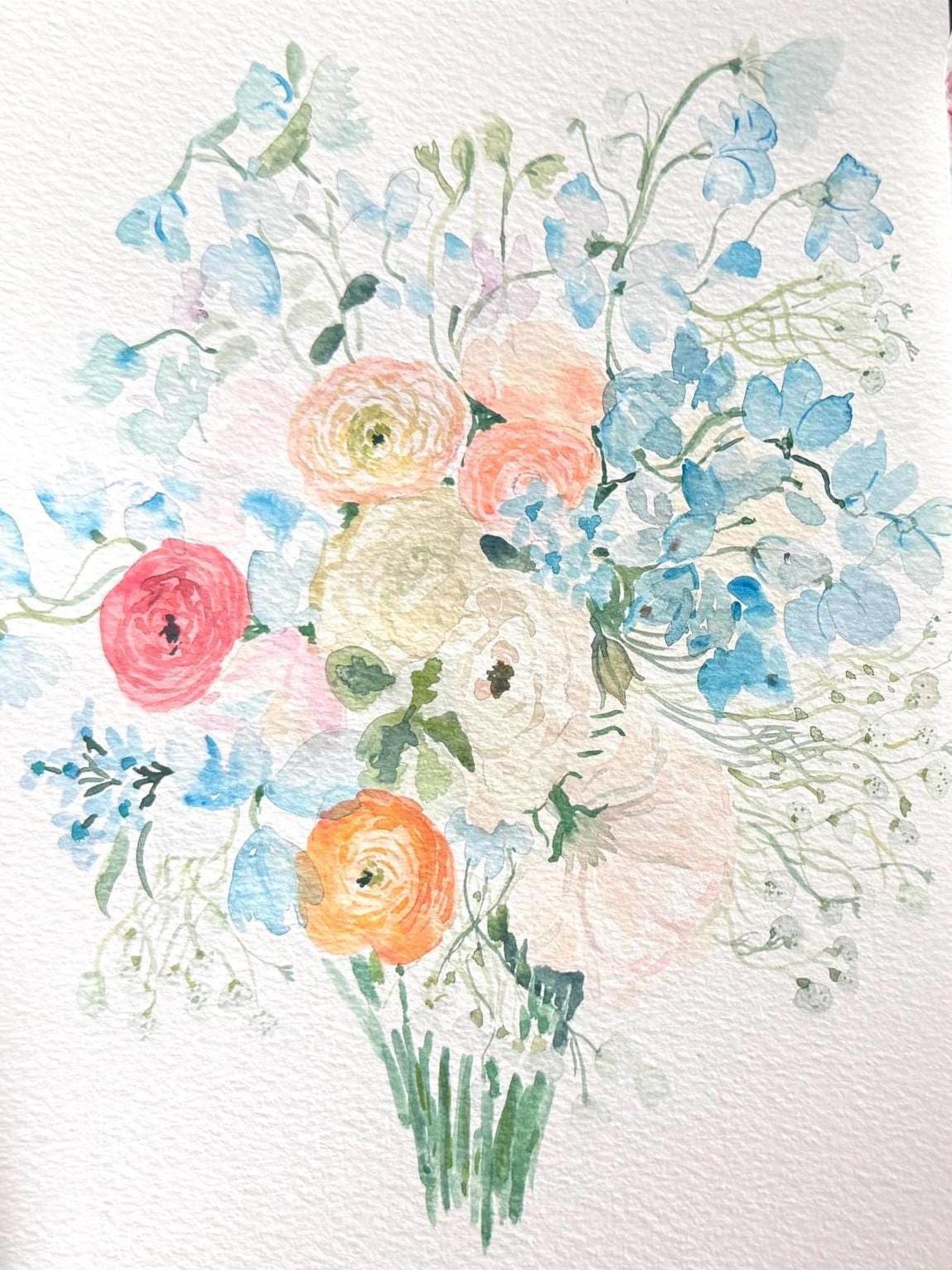 Soft watercolour bouquet painting of pale blue delphinium, white and coral ranunculus on textured paper