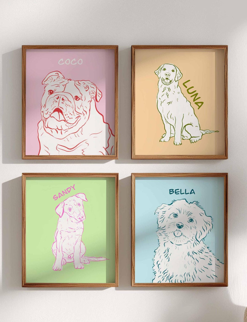 Four digital line art dog portraits with names Coco, Luna, Sandy and Bella on pink, peach, green and blue
