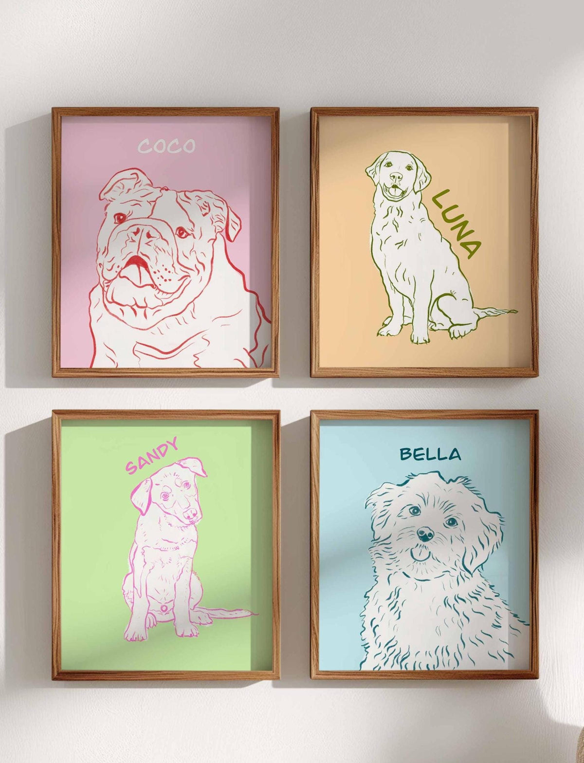 Four digital line art dog portraits with names Coco, Luna, Sandy and Bella on pink, peach, green and blue