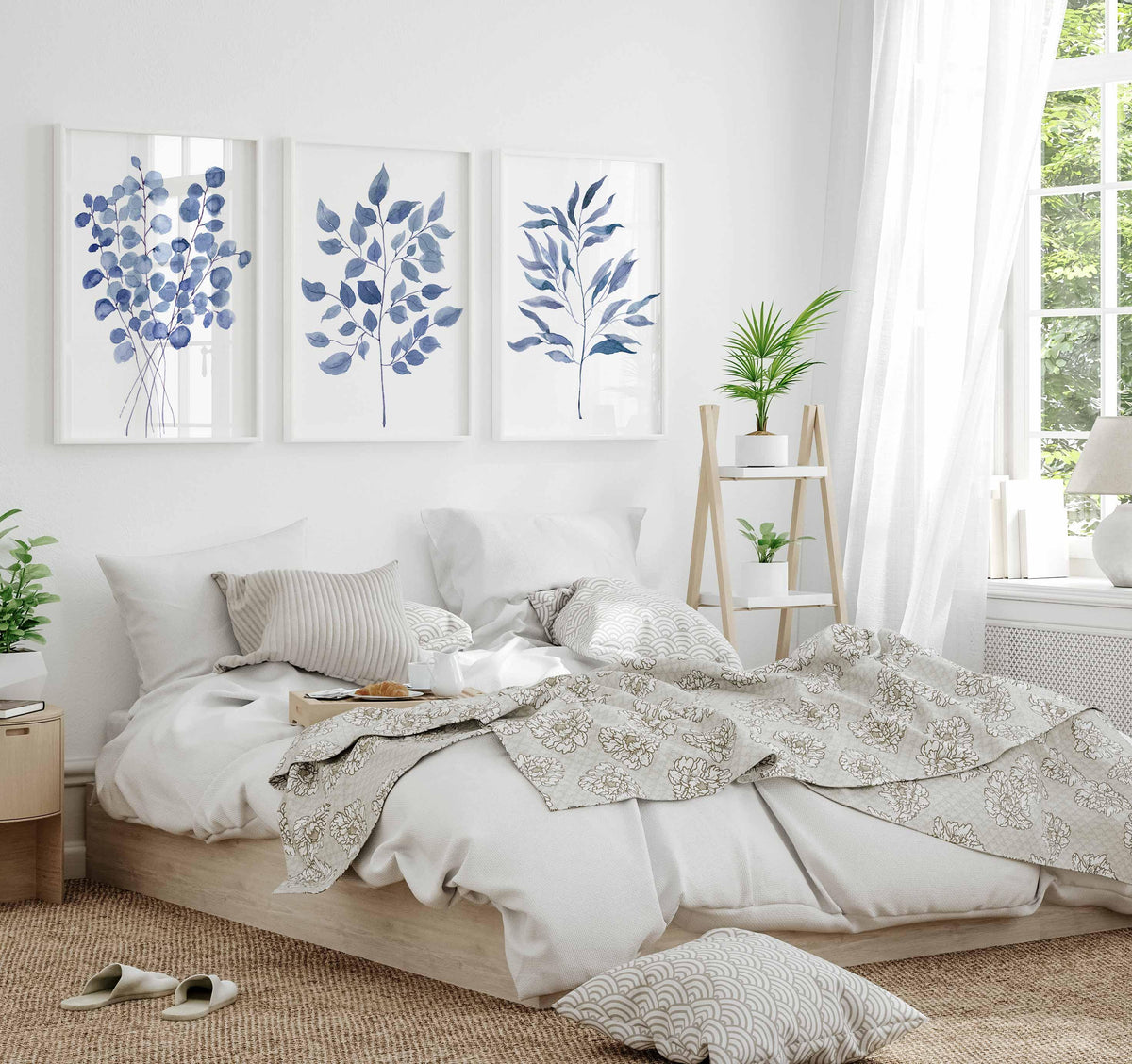 Blue Wall Art Three Piece Triptych Botanical Print Set Eucalyptus Prints Navy Bedroom Wall Decor Watercolour Leaves Living room decor Main image