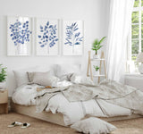 Blue Wall Art Three Piece Triptych Botanical Print Set Eucalyptus Prints Navy Bedroom Wall Decor Watercolour Leaves Living room decor