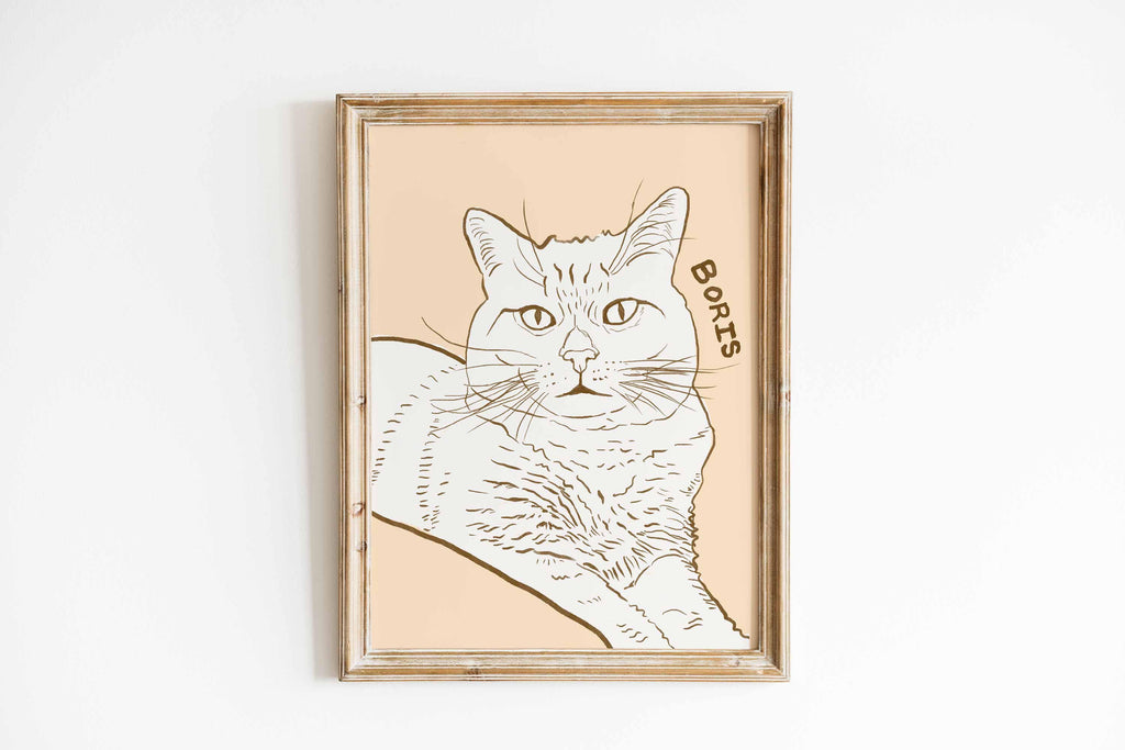 Digital line art cat portrait named Boris on a peach background in a rustic wooden frame