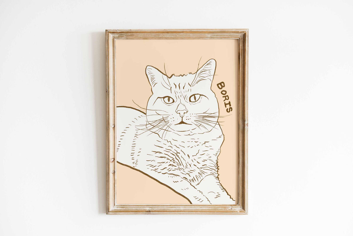 Digital line art cat portrait named Boris on a peach background in a rustic wooden frame