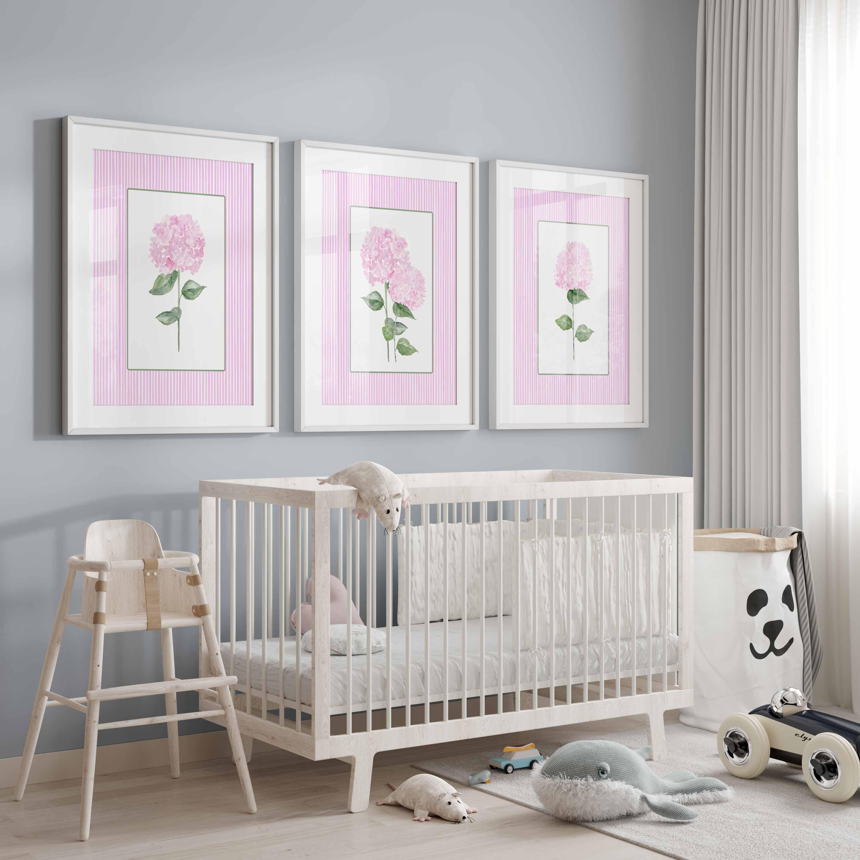 Set of 3 Pink Hydrangea Nursery Prints, Watercolor Floral Girl Bedroom Wall Art, Blush Pink Striped Flower Posters, Grandmillennial Decor Imagen secundaria del producto