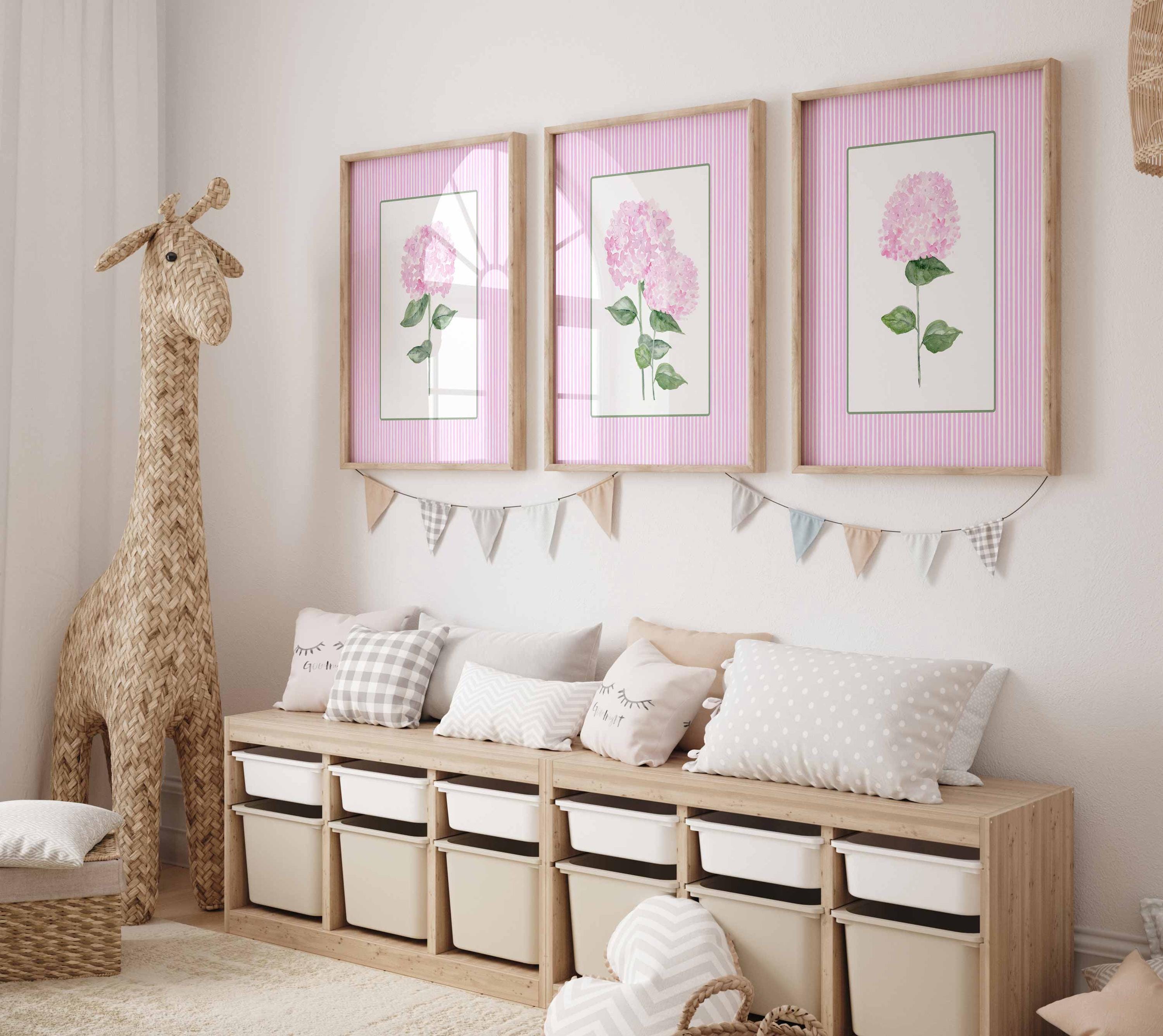 Pink Stripes Coastal Decor, Set of 3 hydrangeas, Trendy Grand millennial Wall Art, Watercolour Floral Living room artwork, baby Girl Nursery