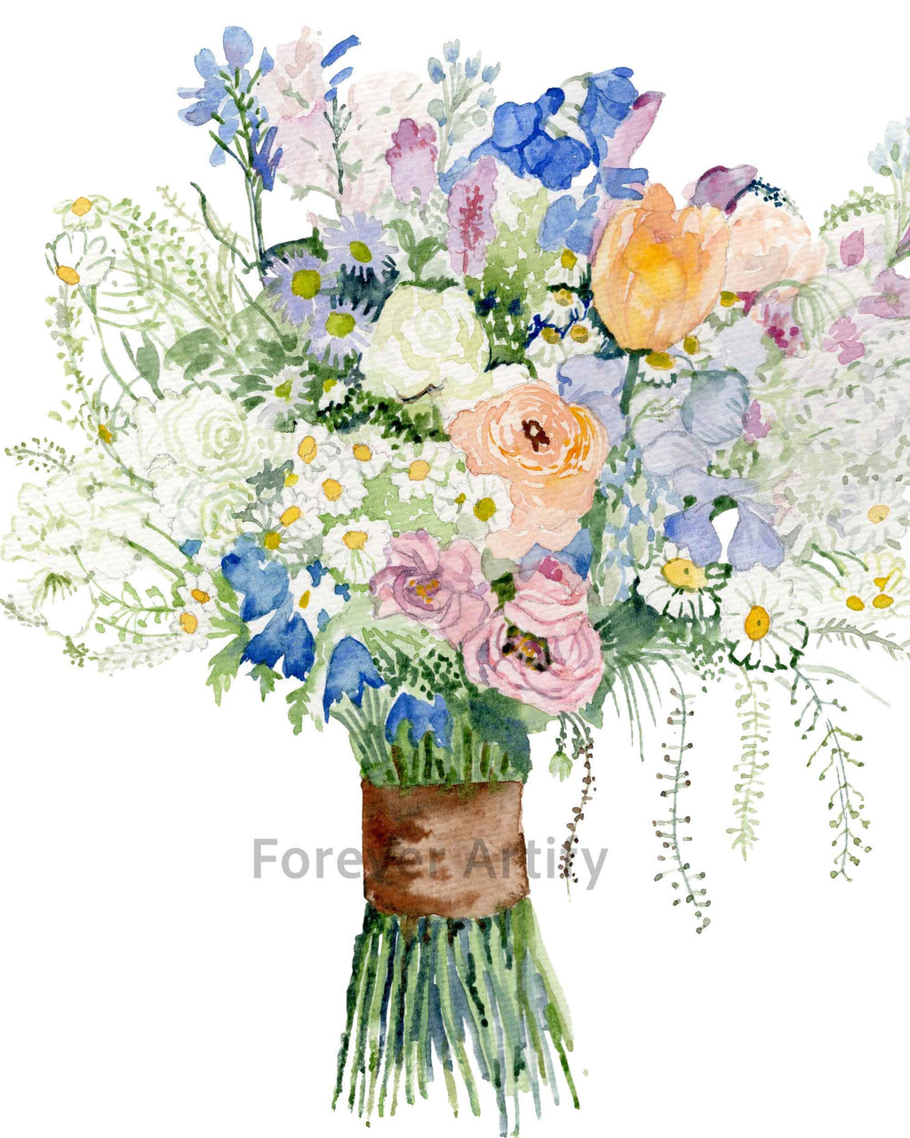 Wildflower bridal bouquet in watercolour with blue sweet peas, peach roses and daisies, wrapped in twine
