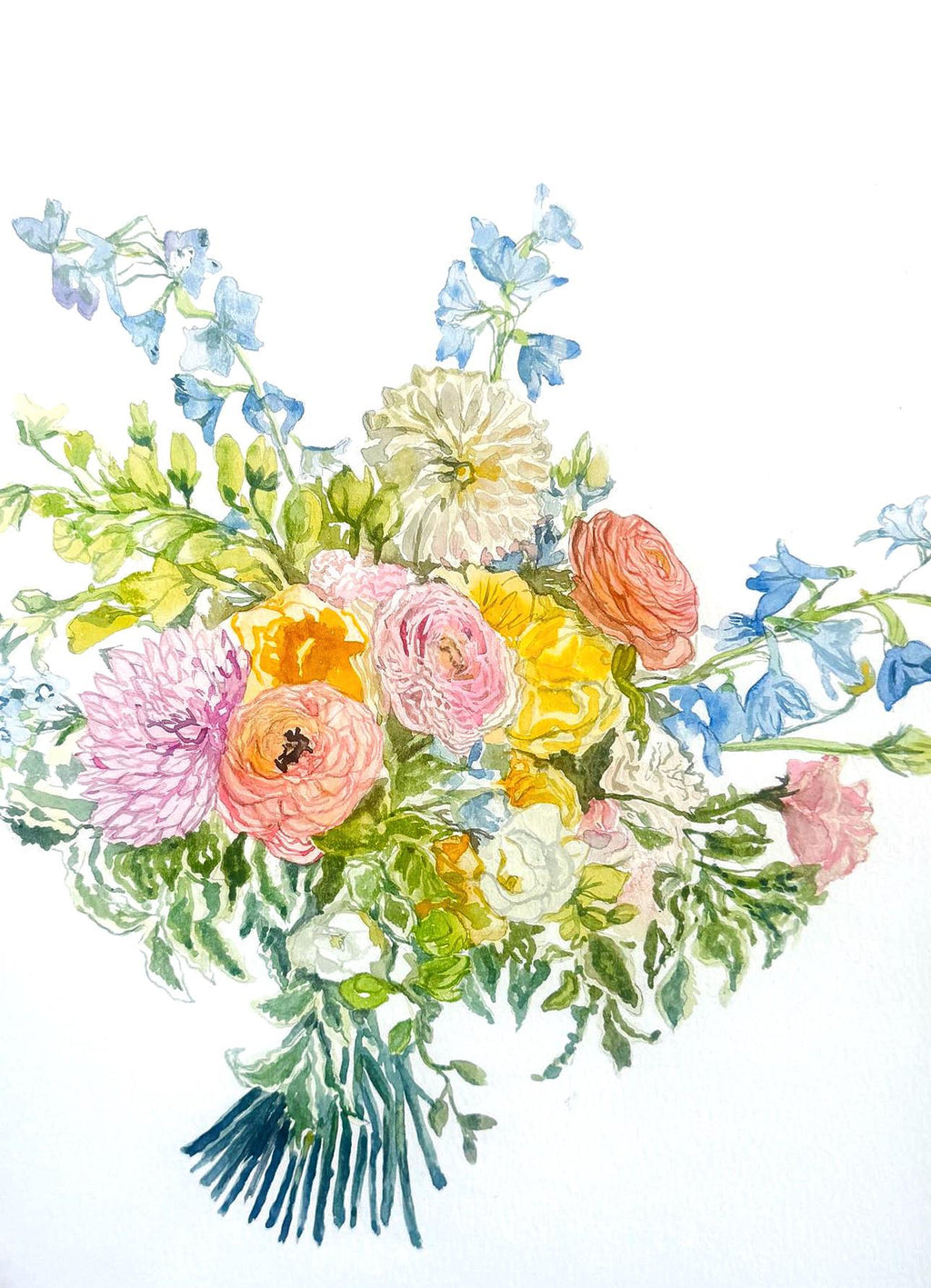 Custom wedding bouquet painting in watercolour: peach ranunculus, yellow roses, pink dahlia and blue delphinium