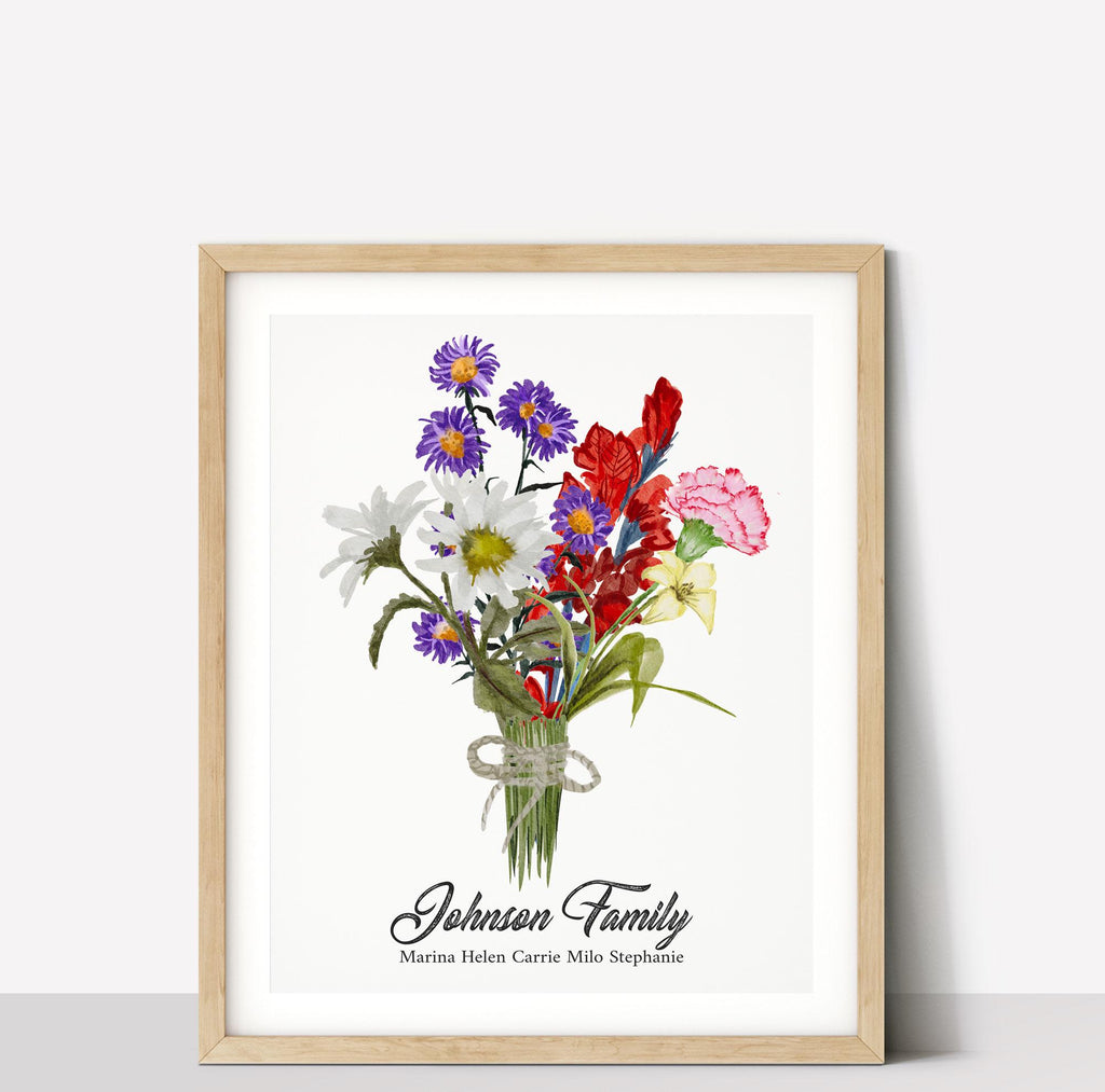 Twine-tied birth flower bouquet with asters, daisies and gladiolus above the name Johnson Family