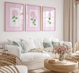 Pink Hydrangea Print, Set of 3 hydrangeas, Stripes Coastal Decor, Trendy Grandmillenial Wall Art, Watercolour Flowers, Living room artwork