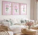 Pink Stripes Coastal Decor, Set of 3 hydrangeas, Trendy Grand millennial Wall Art, Watercolour Floral Living room artwork, baby Girl Nursery