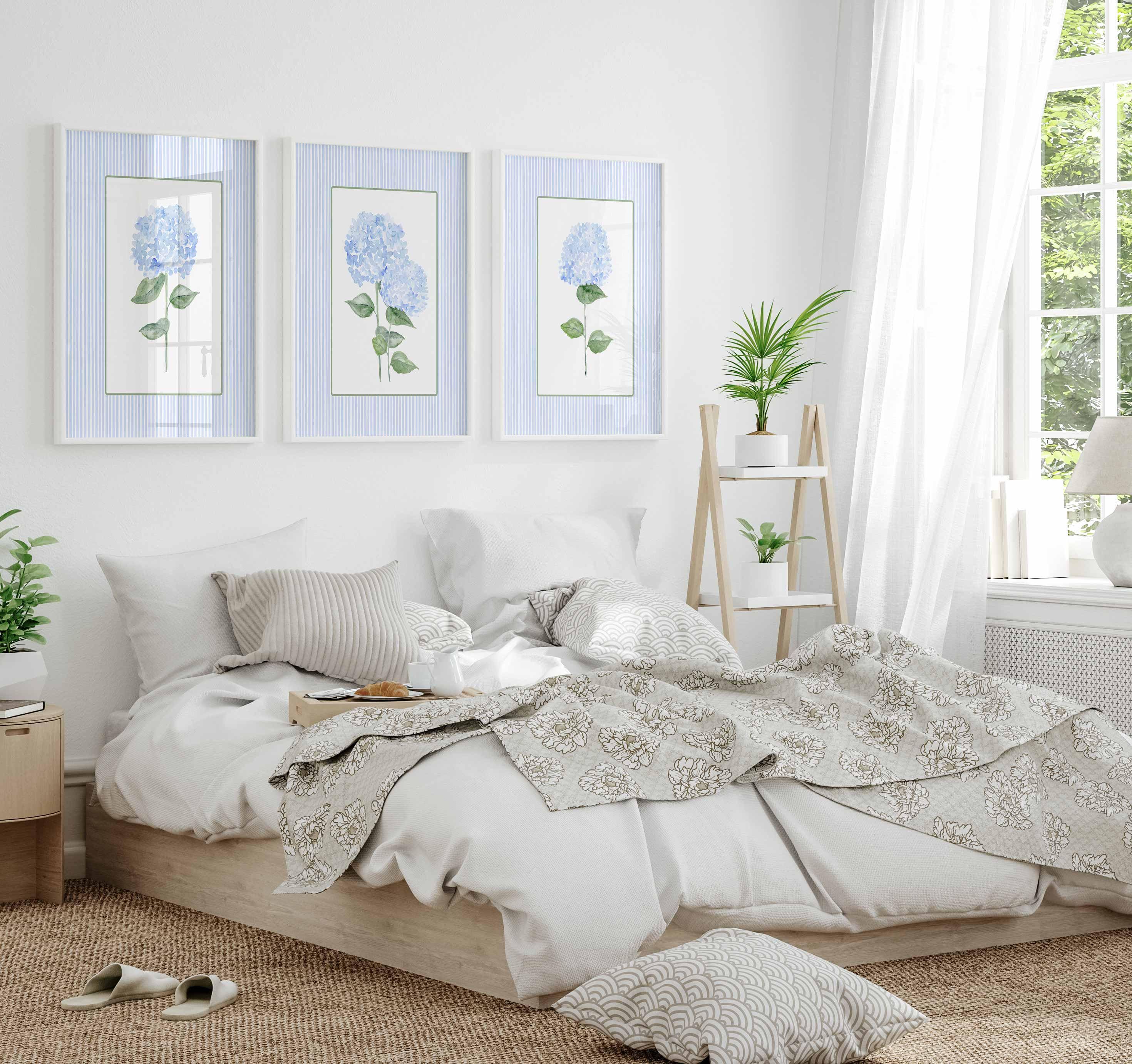 Blue Hydrangea Print, Set of 3 hydrangeas, Stripes Coastal Decor, Trendy Grand millennial Wall Art, Watercolour Floral Living room Painting