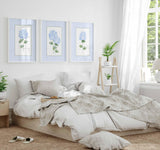 Blue Hydrangea Print, Set of 3 hydrangeas, Stripes Coastal Decor, Trendy Grand millennial Wall Art, Watercolour Floral Living room Painting