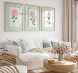Pink Hydrangea Print, Set of 3 Pink and green wall art, Stripes Coastal Decor, Nursery Grand millennial Poster, Watercolour Floral Painting