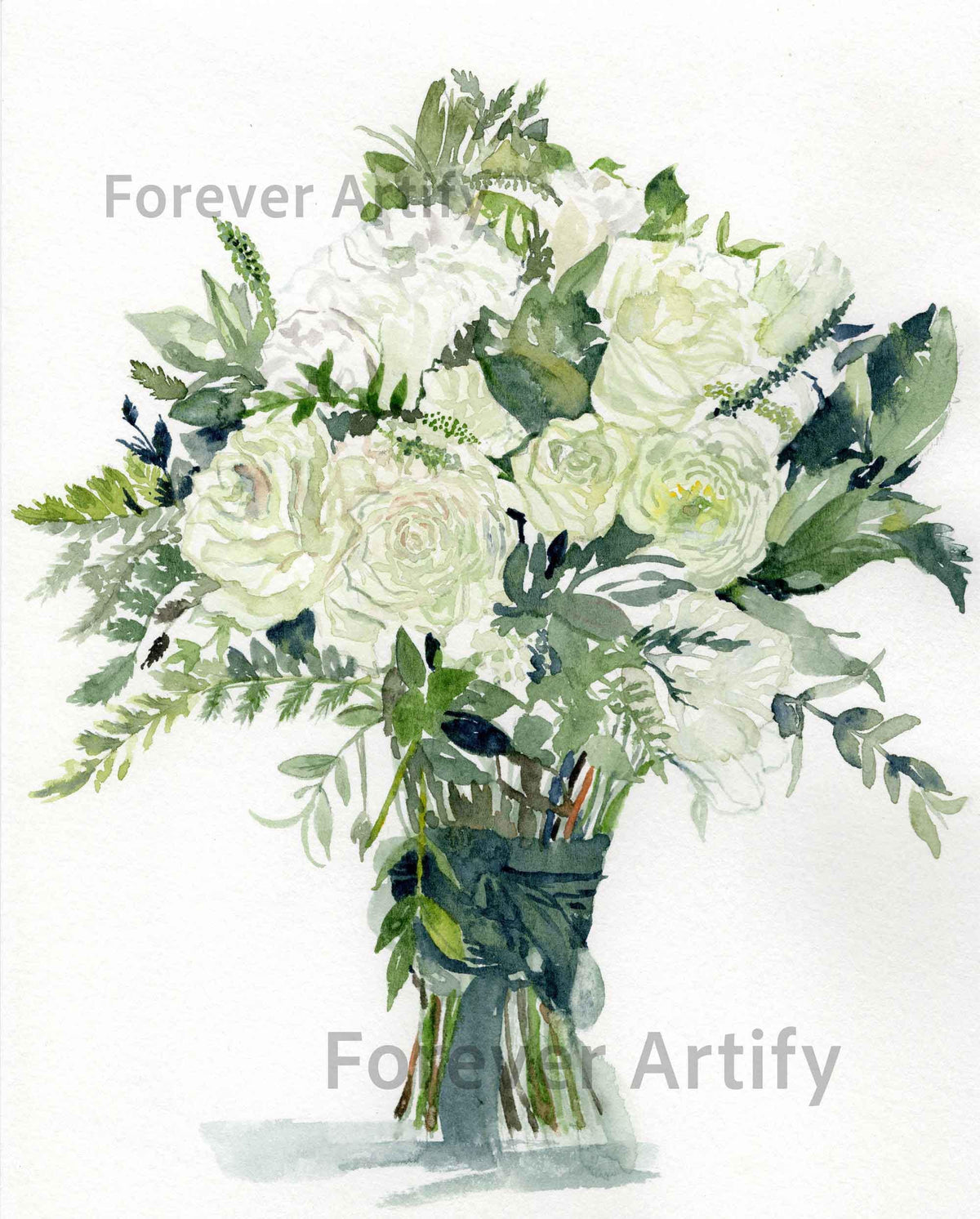 Watercolour painting of an all-white wedding bouquet of roses and greenery tied with a green ribbon