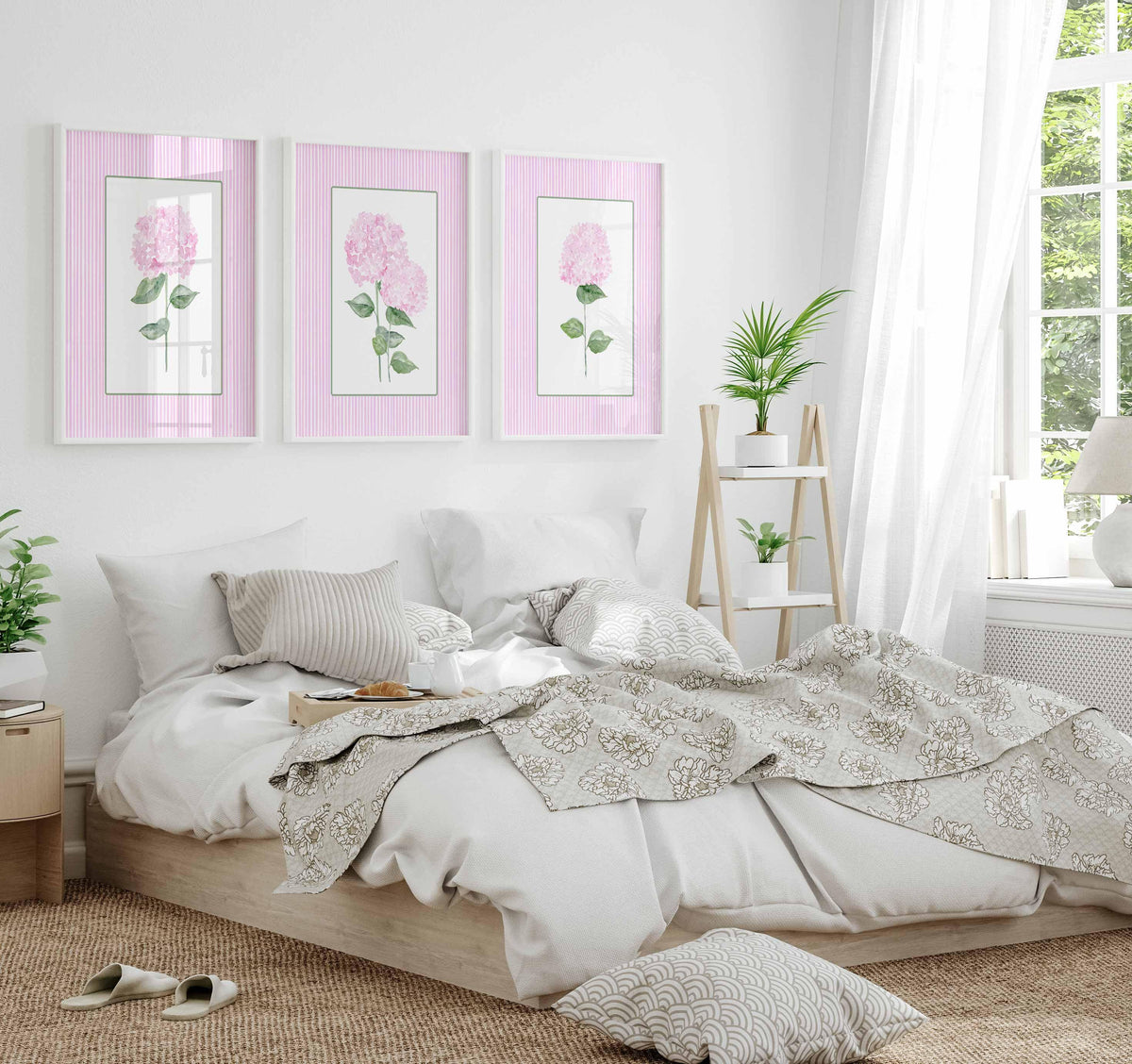 Pink Hydrangea Print, Set of 3 hydrangeas, Stripes Coastal Decor, Trendy Grandmillennial Wall Art, Watercolour Flowers, Living room artwork Main image