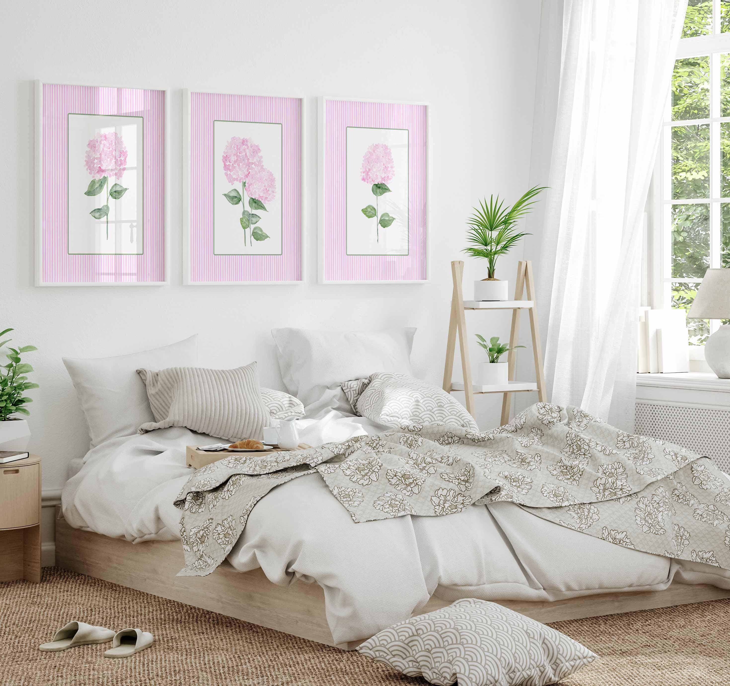 Pink Hydrangea Print, Set of 3 hydrangeas, Stripes Coastal Decor, Trendy Grandmillennial Wall Art, Watercolour Flowers, Living room artwork