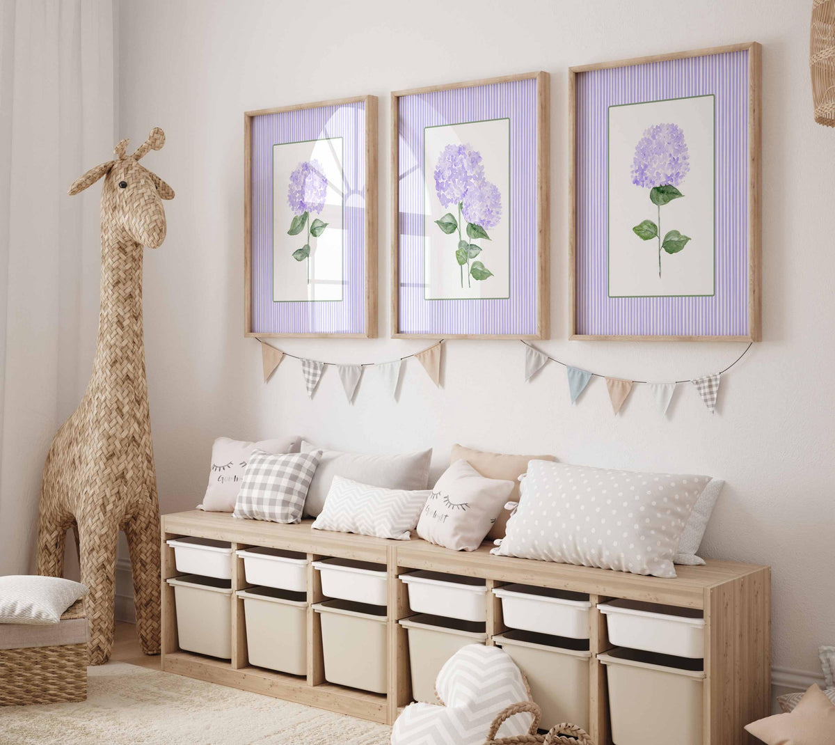 Purple Hydrangea Print, Set of 3 wall art, Stripes Coastal Decor, Trendy Grand millennial Art, Farmhouse Living room, Nursery flowers Poster