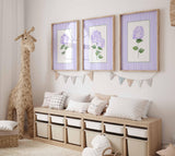 Purple Hydrangea Print, Set of 3 wall art, Stripes Coastal Decor, Trendy Grand millennial Art, Farmhouse Living room, Nursery flowers Poster